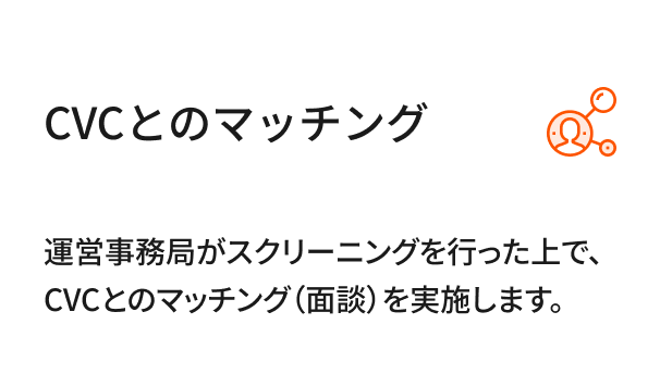 書類審査とプレゼン審査 記入した応募様式を「CVC応募はこちら」にアップロードします。一次審査（書類）と最終審査（プレゼン。一次審査の通過者のみ。）を通して、採択CVCを決定します。各選考結果については、運営事務局より連絡いたします。